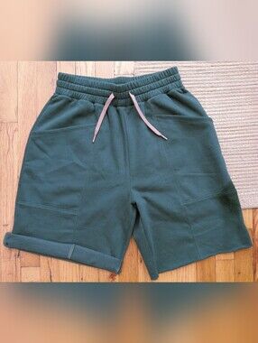 Never Worn-Beyond Yoga Forest Green Unisex Pull-On Shorts with Pink Drawstring